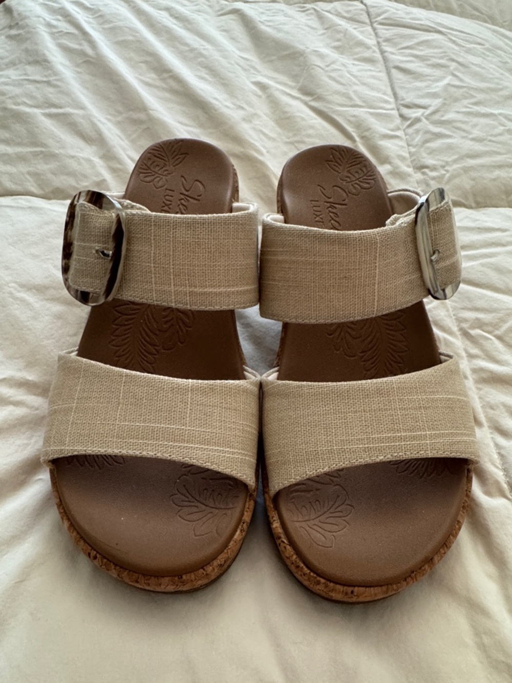 Skechers Women's Cream Two-Strap Slide Sandals with Decorative Buckles